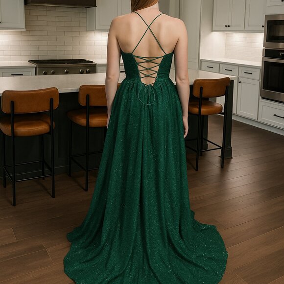 Ladivine by Cinderella divine Glitter Cowl Corset A-line Gown: Green Sz: 8 - Picture 2 of 5